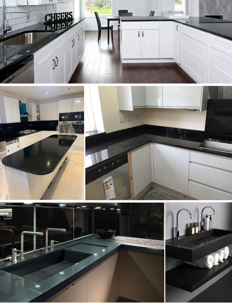 Pure Black Quartz Kitchen and Bathroom Countertops