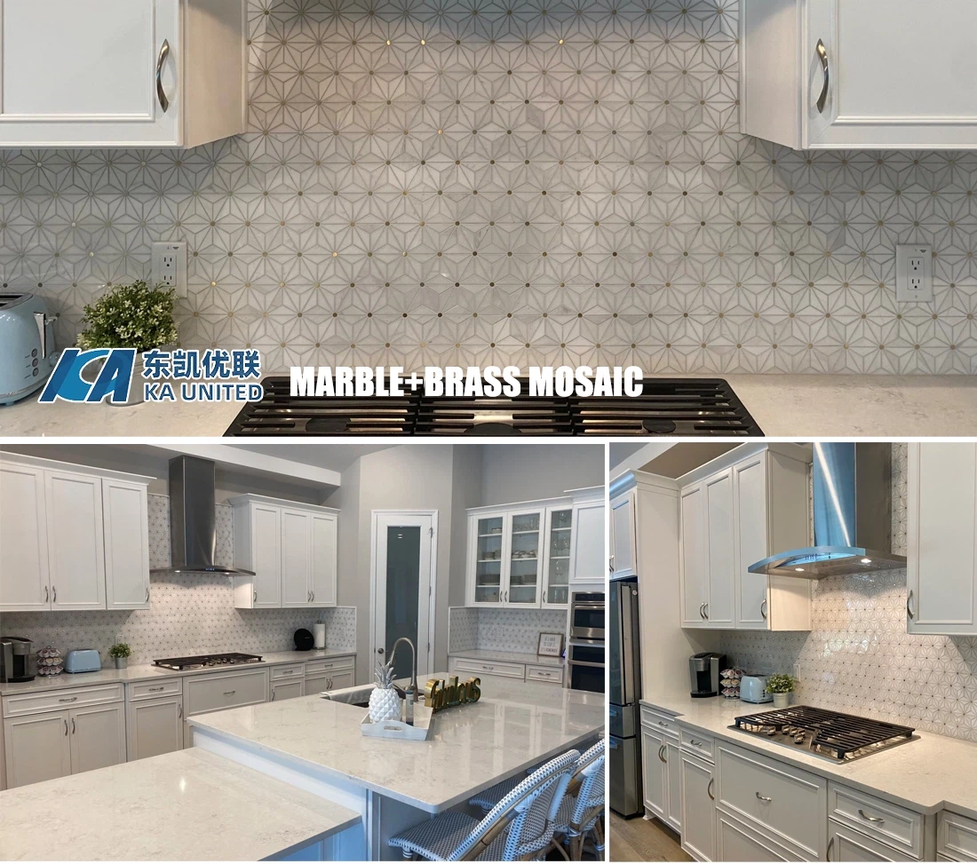 Natural Marble With Brass Mosaic Kitchen Backsplash Tiles Project KA UNITED Natural Marble With Brass Mosaic Kitchen Backsplash Tiles Project KA UNITED